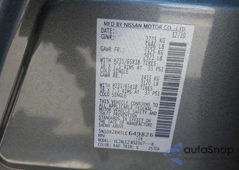 2020 Nissan Pathfinder Sv 4Wd z USA, uszkodzony, nr VIN 5N1DR2BM3LC649826